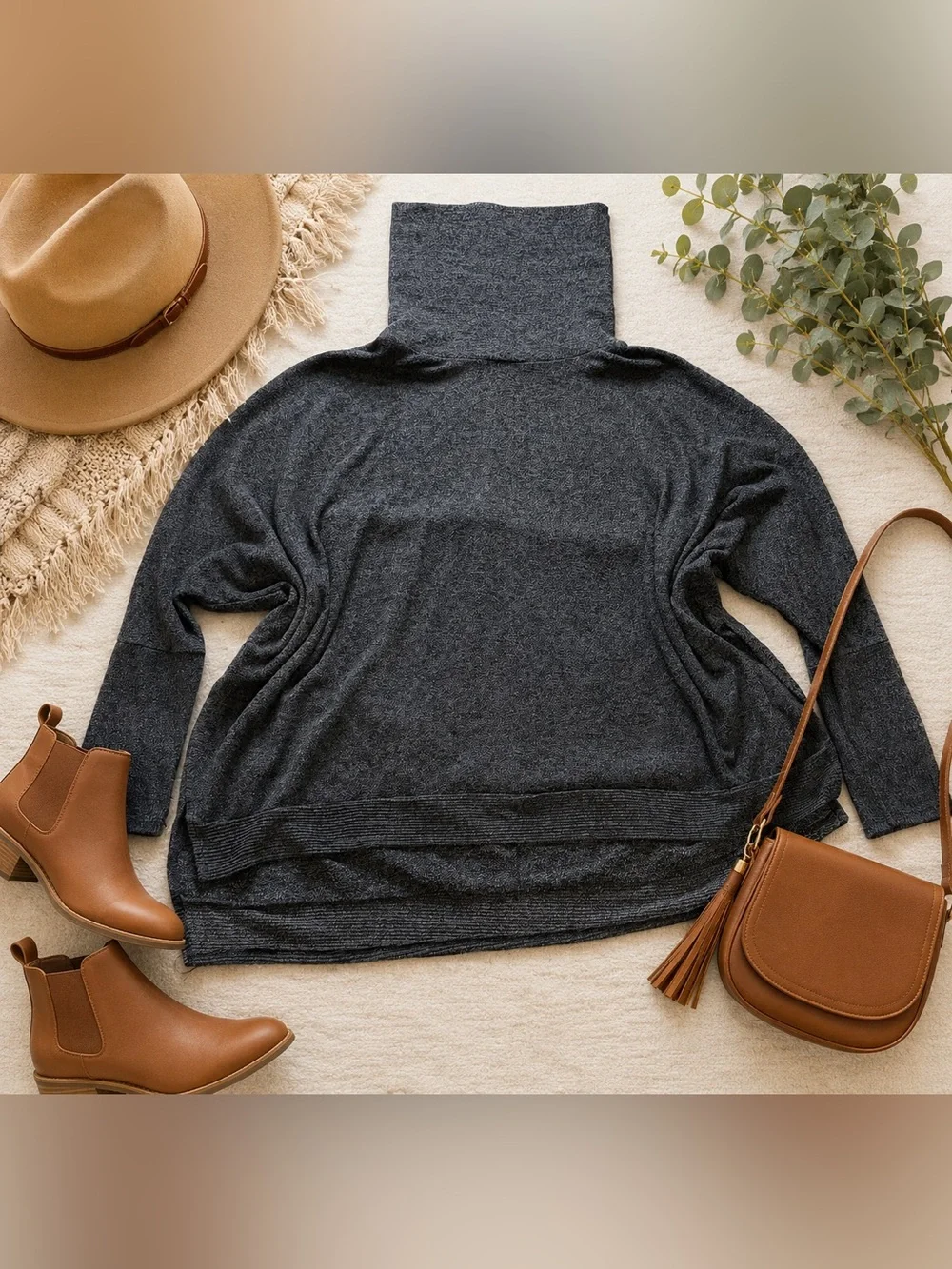 Zenana Outfitters Charcoal Gray Soft Knit Oversized Turtleneck Sweater Large